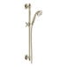A Delta polished nickel slide bar with a handheld shower head and hose.