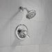The chrome Delta Classic shower and faucet trim kit with a close-up of a faucet handle.