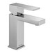 A silver Delta Modern Series lavatory faucet with a single lever and a square shape.