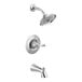 A chrome Delta shower and faucet trim kit with a shower head attached.