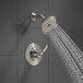 A stainless steel Delta shower valve and trim kit with a shower head and handle.