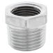 A stainless steel hex bushing with 1/2" NPT male and 3/8" NPT female connections.