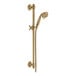 A Delta Champagne Bronze slide bar handheld shower with a hose.