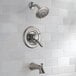 A Delta stainless steel Lahara bath and shower faucet with a shower head and faucet.