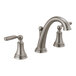 A Delta Woodhurst stainless steel widespread deck-mount faucet with lever handles.