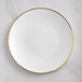 A Visions white plastic plate with a gold rim.