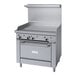 A stainless steel Garland range with a griddle, burners, and a convection oven.