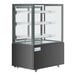 An Avantco black dry bakery display case with glass shelves.