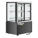 An Avantco black and glass dry bakery display case on wheels.
