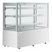 An Avantco white dry bakery display case with glass shelves.