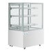 An Avantco white square dry bakery display case with glass shelves.