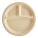 A white Tellus Products bagasse 3-compartment plate.