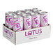 A case of purple Lotus Plant Power Energy drink cans.