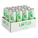 A close-up of a green and white Lotus Plant Power energy drink can.