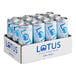 A case of Lotus Plant Power Energy Drink cans.