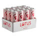 A case of 12 red and white Lotus Plant Power Energy drink cans.