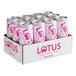 A cardboard box of Lotus Plant Power Energy Drink with pink and white cans inside.