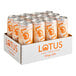 A white cardboard box filled with 12 white and orange Lotus Plant Power Energy drink cans.