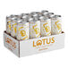 A group of Lotus Plant Power white energy drink cans in a cardboard box.