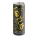 A close up of a Lotus Plant Power Gold energy drink can. The can is black and gold.