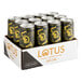 A case of black and gold Lotus Plant Power Energy Drink cans.