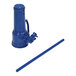 A blue metal Vestil mechanical screw jack with a handle.