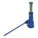 A blue and silver mechanical screw jack with a long handle.