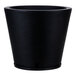 A Floridis round black planter with a white rim.