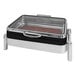 A black and silver rectangular stainless steel EcoBurner chafer with a hinged glass lid.