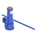 A close-up of a blue metal Vestil mechanical screw jack.