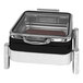 A black and silver rectangular stainless steel EcoBurner chafing dish with a hinged glass lid.