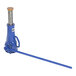 A blue and silver metal mechanical screw jack with a long handle.