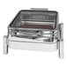 A silver stainless steel rectangular container with a glass lid.