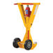 A yellow Vestil hydraulic trailer ratchet jack with wheels.