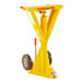 A yellow Vestil trailer stabilizing ratchet jack.