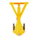 A yellow Vestil portable trailer stabilizing ratchet jack.
