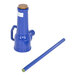 A blue metal Vestil screw jack with a handle on a long pipe.