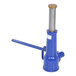 A blue mechanical screw jack with a long handle.