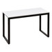 A rectangular retail display table with a white melamine top and black u-channel legs.