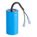 An Avantco work capacitor with blue casing and two wires.