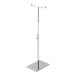 A chrome-plated steel countertop purse display rack with a metal base and pole.