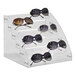 A clear acrylic 6-shelf countertop display stand with sunglasses on it.