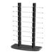 A black countertop eyewear display stand with several rows of glasses.