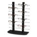 A black countertop eyewear display stand with glasses on it.