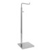 A chrome-plated steel countertop purse display rack with adjustable height and hooks.