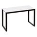 A rectangular display table with a white melamine top and black legs.