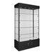 A black glass display showcase with glass doors and LED lighting.