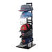 A black steel 6-tier countertop hat display rack filled with hats.