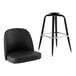 A Lancaster Table & Seating black barstool with a black vinyl bucket seat and a black chair.