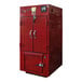 A red metal box with two doors and handles.